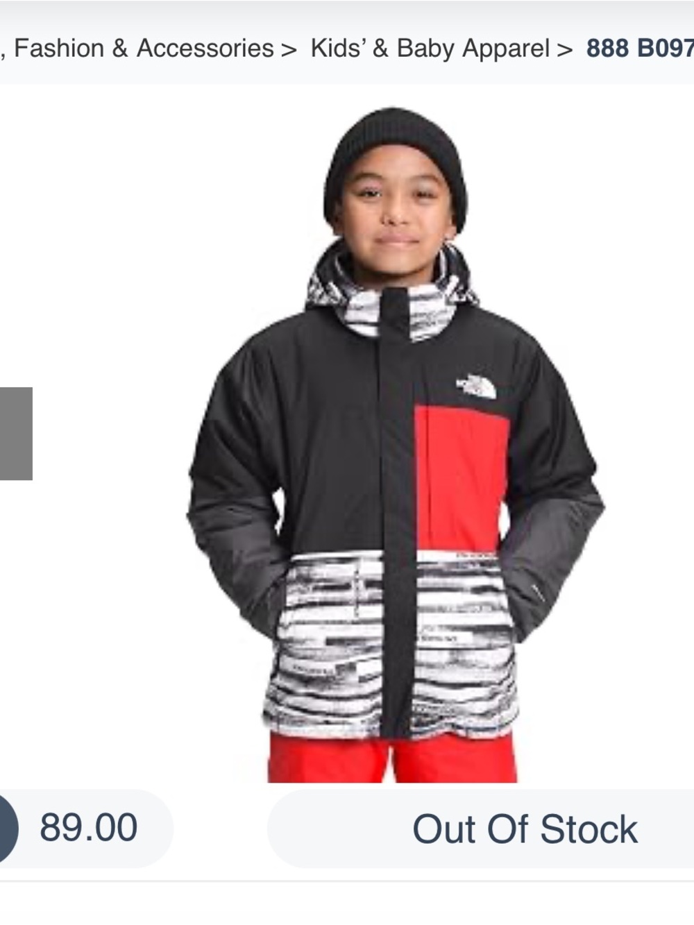 The North Face Kids Black Jacket with Red Chest Pocket and White-Pattern Trim